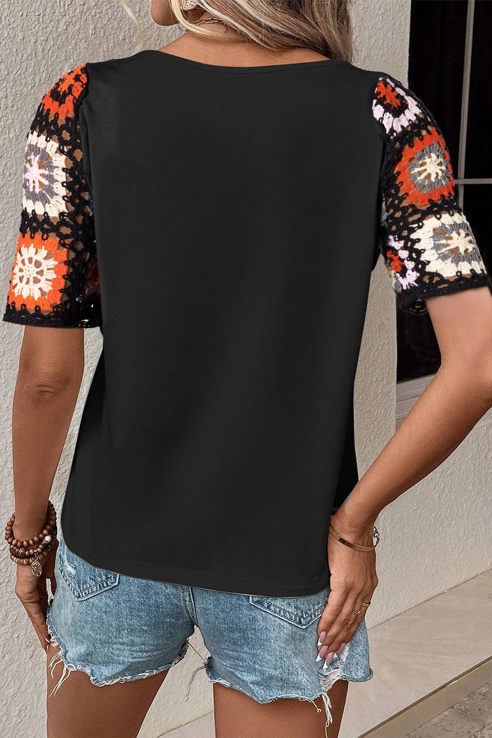 Geometric Round Neck Short Sleeve Blouse. Grap this classic geometric and crochet shirt! Just pick out the color you like best! This a wardrobe staple your closet has been waiting for.