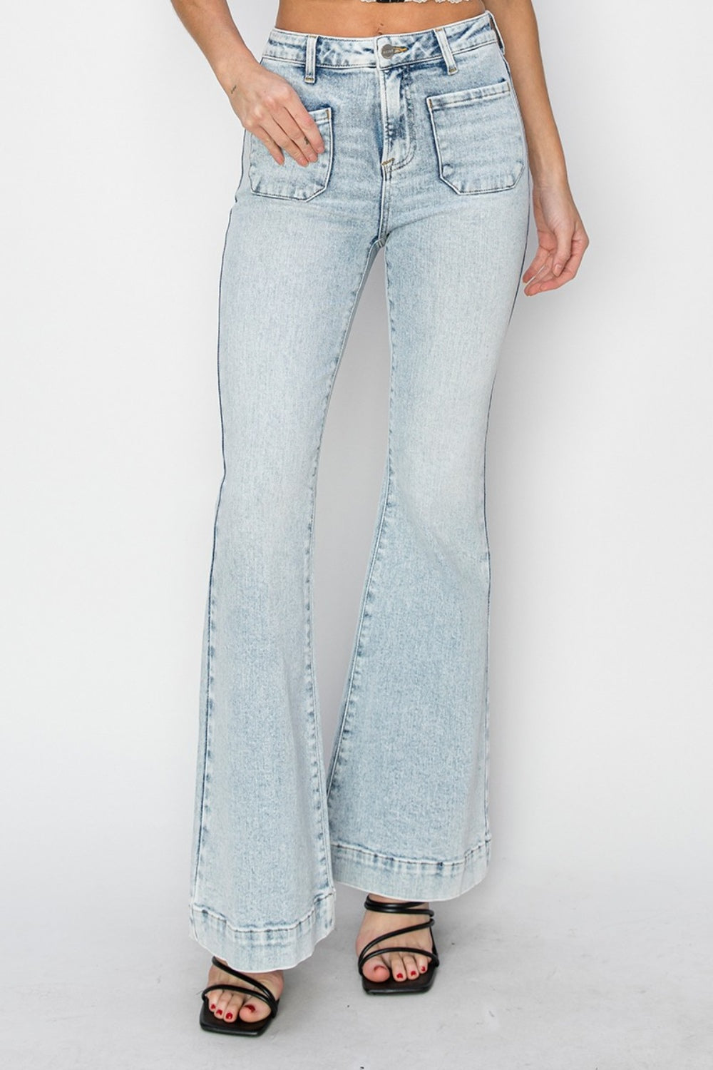 Risen High Rise Front Patch Pocket Flare Jeans with Plus Sizes. These High-Rise Flare Jeans for Women are a fan favorite!! Be ready to put on super soft, wildly comfortable jeans! Acid Wash.