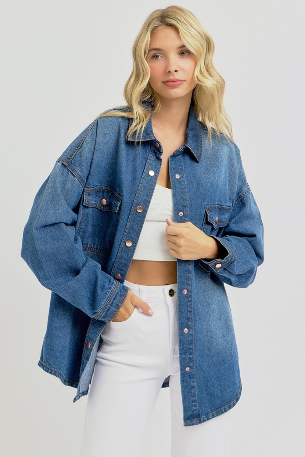 RISEN Denim Shacket - Snap Down Long Sleeve - Plus Sizes- LAYER MVP. The Denim Shacket (hybrid shirt/jacket) is perfect when you think "It's cold, but not THAT cold". Meet the MVP of fall layering right here. 100% Cotton. Medium wash.
