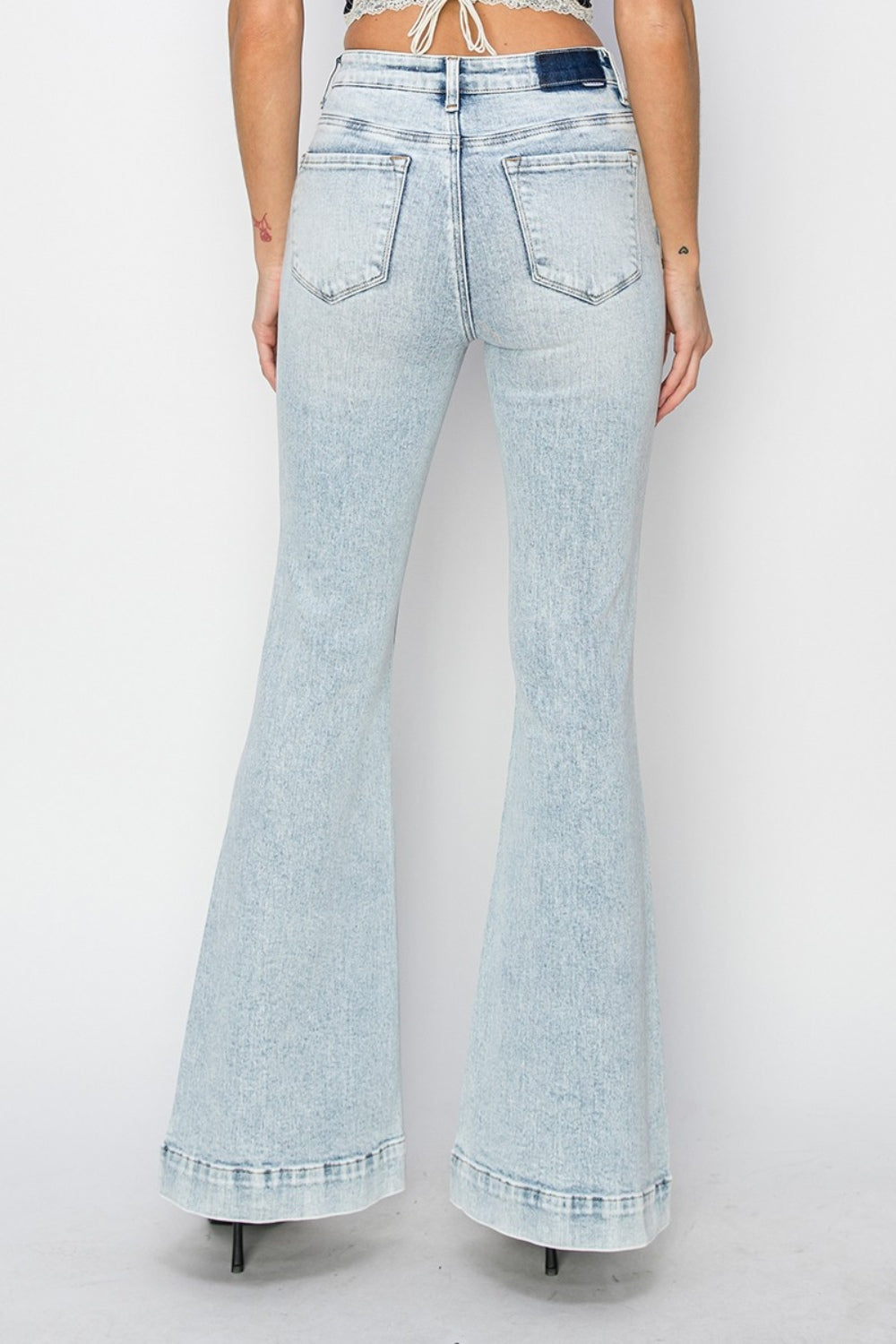 Risen High Rise Front Patch Pocket Flare Jeans with Plus Sizes. These High-Rise Flare Jeans for Women are a fan favorite!! Be ready to put on super soft, wildly comfortable jeans! Acid Wash.