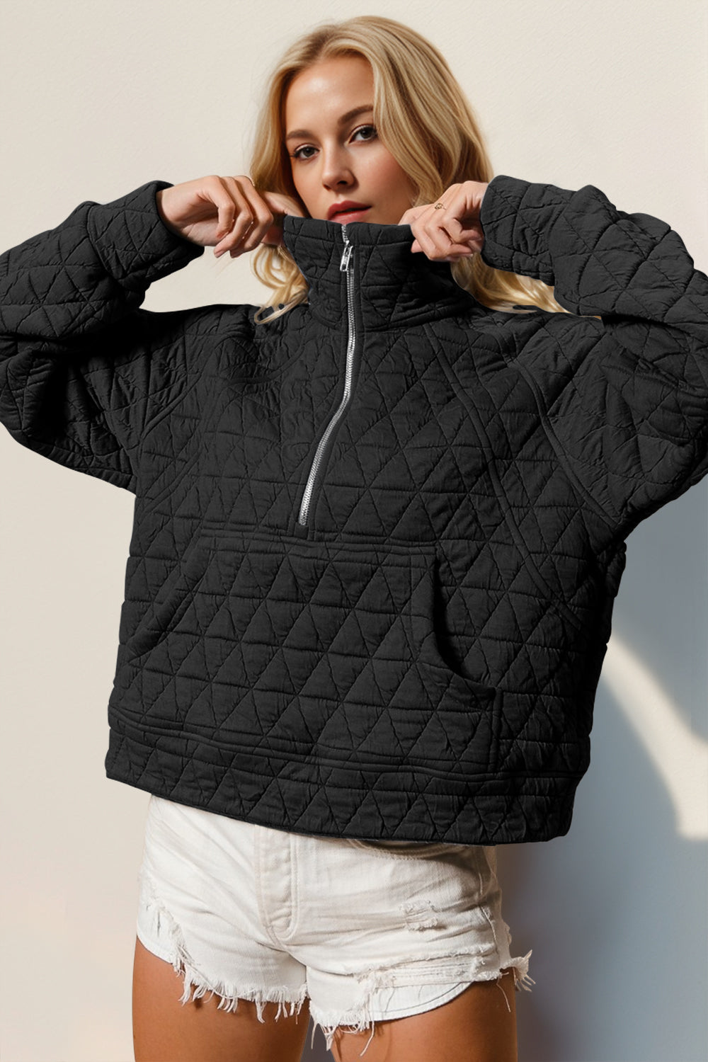 The quilted half-zip pullover has a free -spirit vibe of soft, cozy, feminine, and care-free. It looks so inviting to just pull on and have a relaxing day. Just Pick a color. This one is hard to resist!
