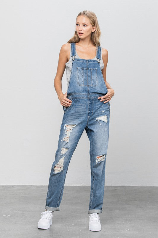 Denim Lab- Patch Pocket Ripped Denim Overalls -Day to Night- Season-to Season. So essential and always timeless, these overalls are a must-have that your wardrobe has been waiting for! These distressed overalls have vintage appeal and for a casual outing you can wear just about anything! Worried it is too laid back? To take it from day to night simply dress up with a polished top, fitted sweater, or structured blazer with heels or ankle boots! By the way, straps are adjustable!