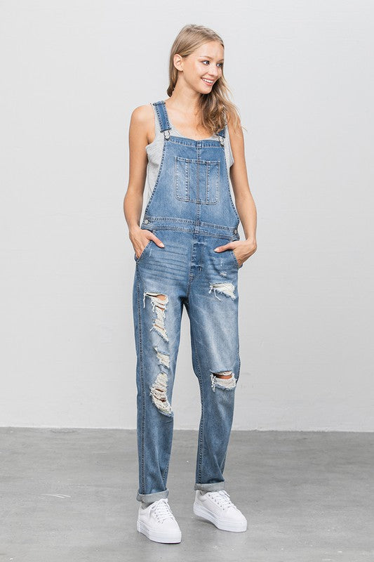 Denim Lab- Patch Pocket Ripped Denim Overalls -Day to Night- Season-to Season. So essential and always timeless, these overalls are a must-have that your wardrobe has been waiting for! These distressed overalls have vintage appeal and for a casual outing you can wear just about anything! Worried it is too laid back? To take it from day to night simply dress up with a polished top, fitted sweater, or structured blazer with heels or ankle boots! By the way, straps are adjustable!