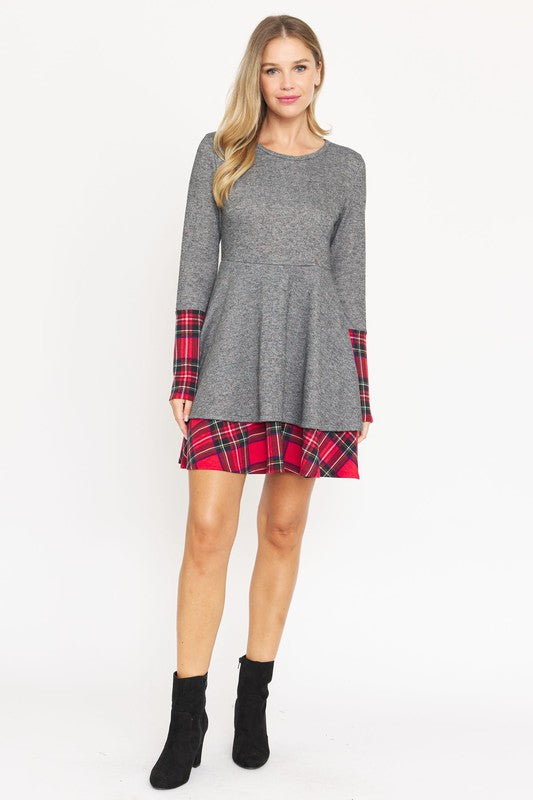 Layered Fit and Flare Dress- "Flatter Every Curve, Own Every Moment!. This dress transition easily between settings, from office to party attire, with the right accessories! Pair with your favorite boots. This flared dress is both cozy and chic. plaid trim.