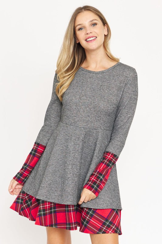 Layered Fit and Flare Dress- "Flatter Every Curve, Own Every Moment!. This dress transition easily between settings, from office to party attire, with the right accessories! Pair with your favorite boots. This flared dress is both cozy and chic. Plaid trim.