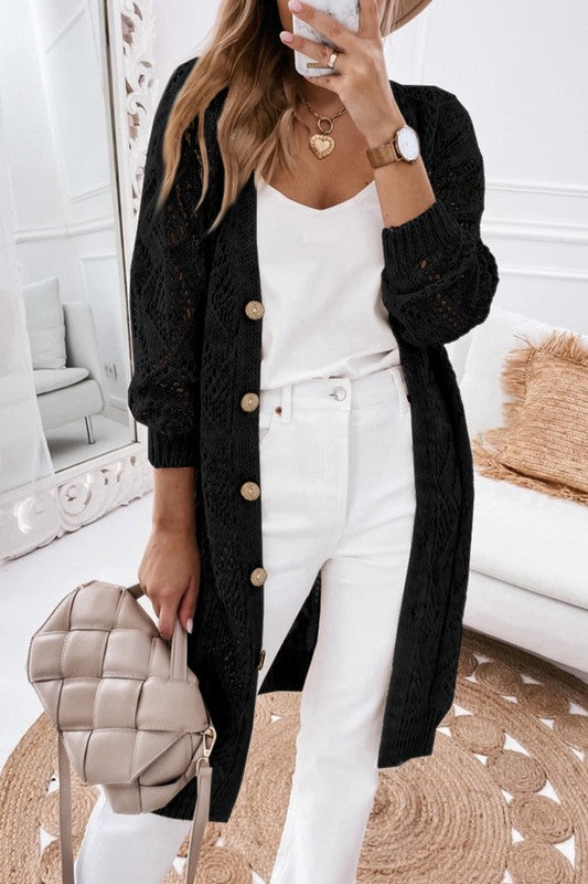 yelet Long Open Front Cardigan- Timeless Versatility: The Cardigan That Does it All- Black or Beige. This cardigan has everything but the kitchen sink! It's versatile. You can dress this up or down, wear it day or night, and season to season! The black or beige eyelet open front cardigan can be matched with just about any colors or casual wardrobe. The eyelet brings a feminine vibe at the same time as being super effortless, breathable, and stylish. "The Cardigan You'll Live in!"