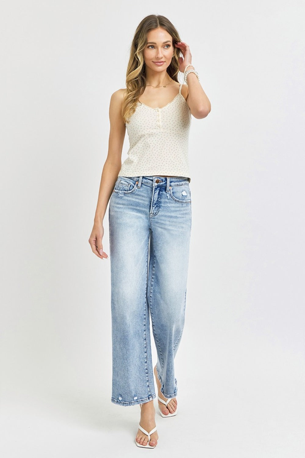RISEN Tummy Control High Rise Wide Leg Cropped Jeans- Boho Essential