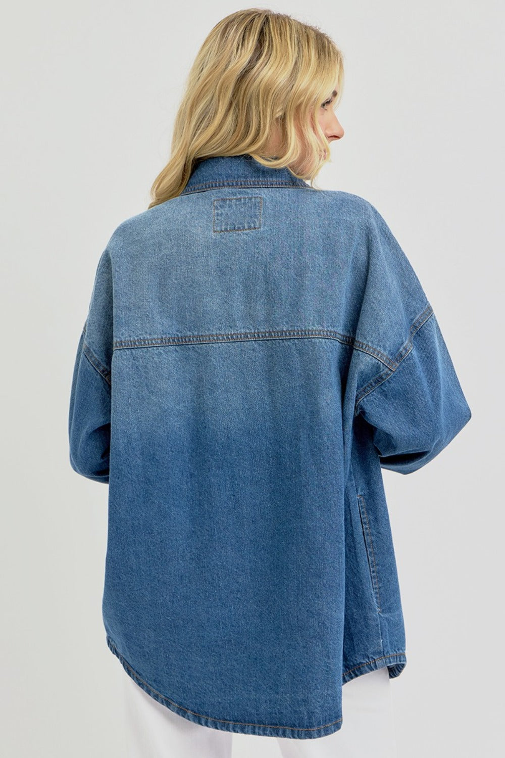 RISEN Denim Shacket - Snap Down Long Sleeve - Plus Sizes- LAYER MVP. The Denim Shacket (hybrid shirt/jacket) is perfect when you think "It's cold, but not THAT cold". Meet the MVP of fall layering right here. 100% Cotton. Medium wash.