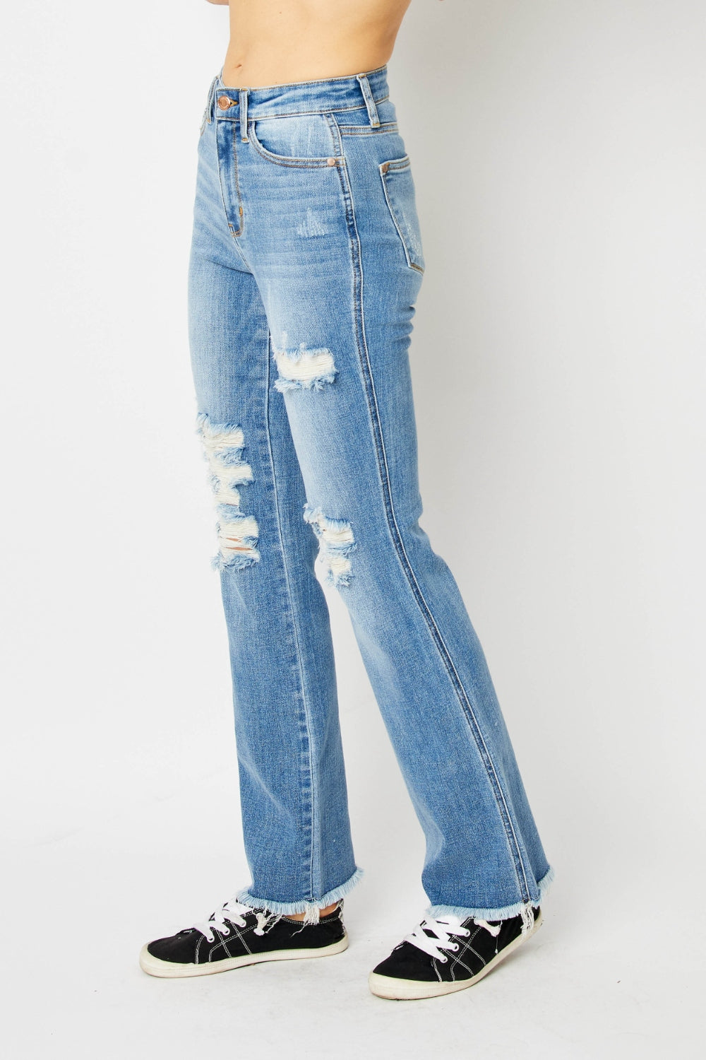 Judy Blue Distressed Raw Hem Bootcut Jeans with Plus Sizes. Laid Back Look.