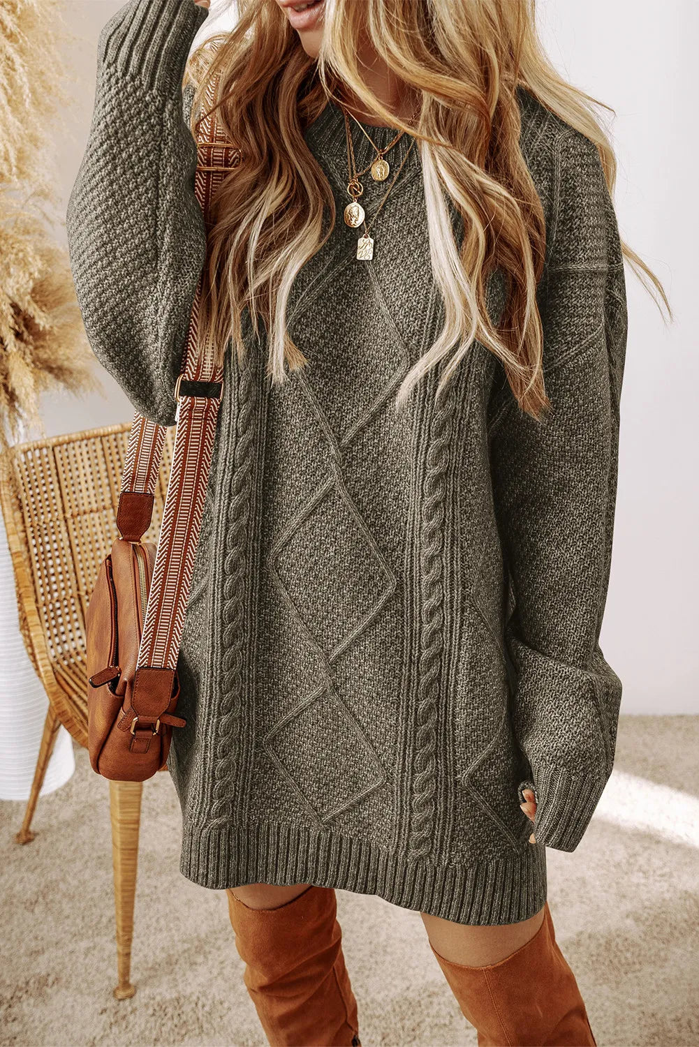 Sweater Dress- The Effortless Cable Knit – Slip On, Style Up, and Go! We all know it can be a busy season! ; This cable knit sweater dress comes in several color choices and is such a versatile choice to go from work to holiday events! It is an effortless choice to get dressed quick! We love how it is a blank canvas for you to accessorize and show off your individuality! It's a timeless, wardrobe staple!