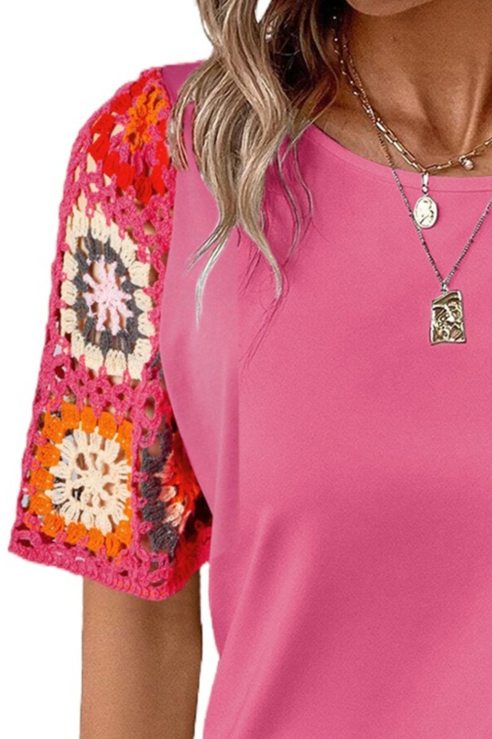 Geometric Round Neck Short Sleeve Blouse. Grap this classic geometric and crochet shirt! Just pick out the color you like best! This a wardrobe staple your closet has been waiting for.
