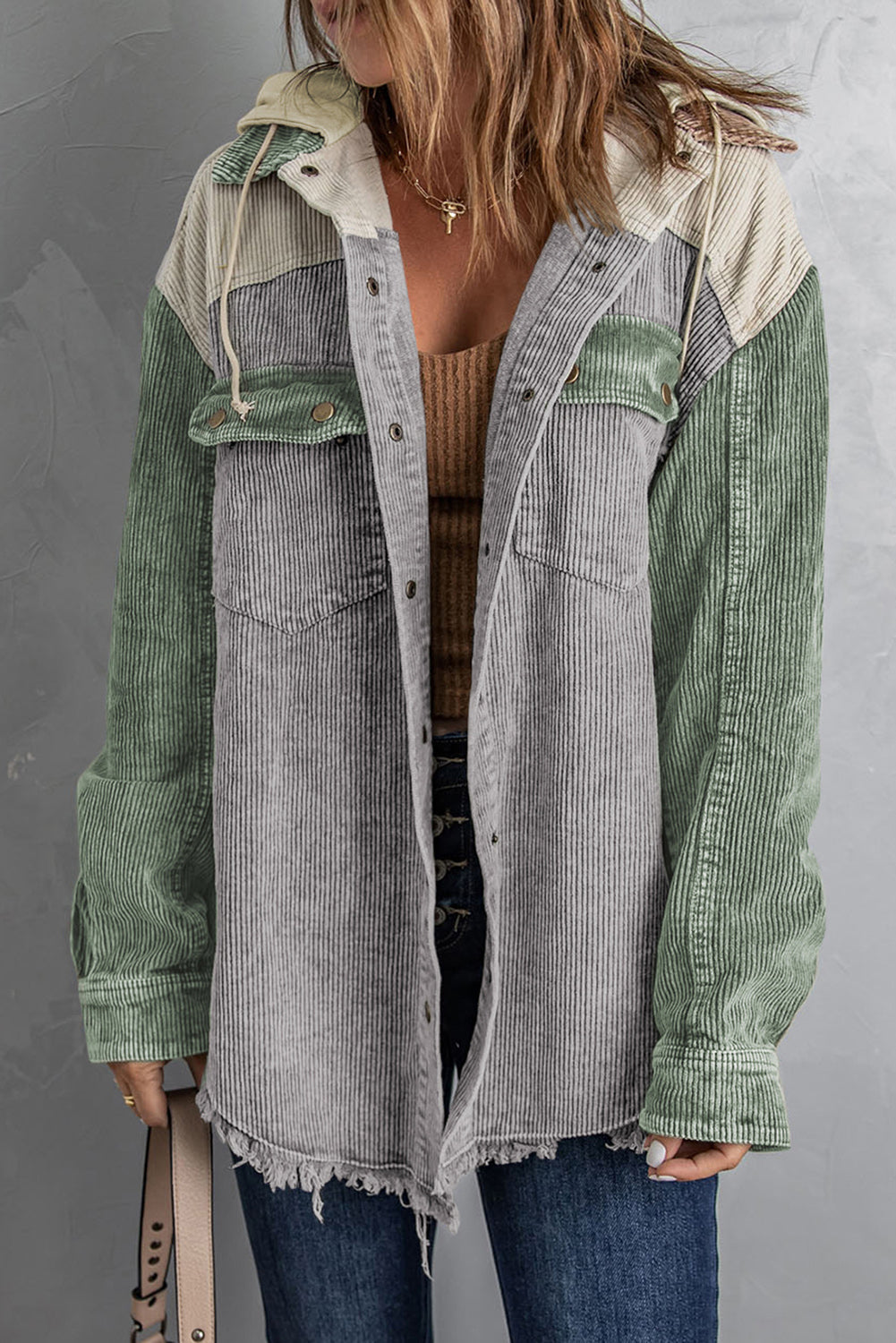 Hooded Corduroy Shacket - Color Block Options:
Add a relaxed vibe to your outfits with our Hooded, Drawstring Pocket Corduroy Shacket. Features a hood and dropped shoulders; you'll love the casual look of this corduroy shirt.