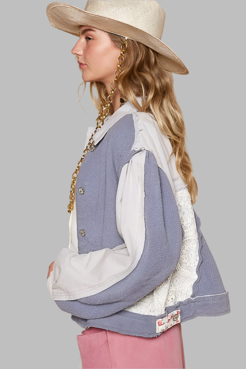 Add some art to your wardrobe with this quirky button-up shacket! Crochet patches, exposed seams, and a raw hem bring all the texture and creative flair you crave. The rugged, edgy vibe of the seams pairs perfectly with the classic button-up front, making it a versatile piece you’ll love to layer. Whether you're all about boho charm or western style, this unconventional shacket is the perfect blend of both!