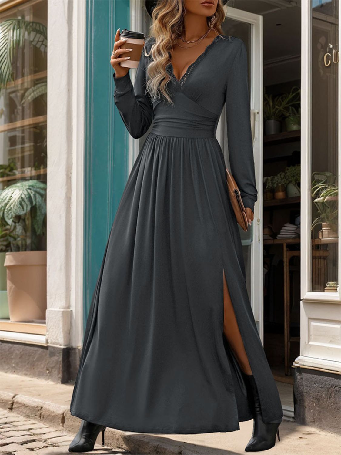 Long Sleeve Dress - Boots & Breeze: The Slit Dress That Shows Off Your Step. EFFORTLESS Go-Anywhere Night Out Dress! Sometimes we want a dress with some subtle elevated detail, that looks good for a night out but is actually effortless and comfortable! Right? This stretchy and flowy dress is easy to slip on and get out the door!. Just grab your favorite boots or shoes because the side slit is here to steal the show—perfect for letting your boots or shoes do the talking!