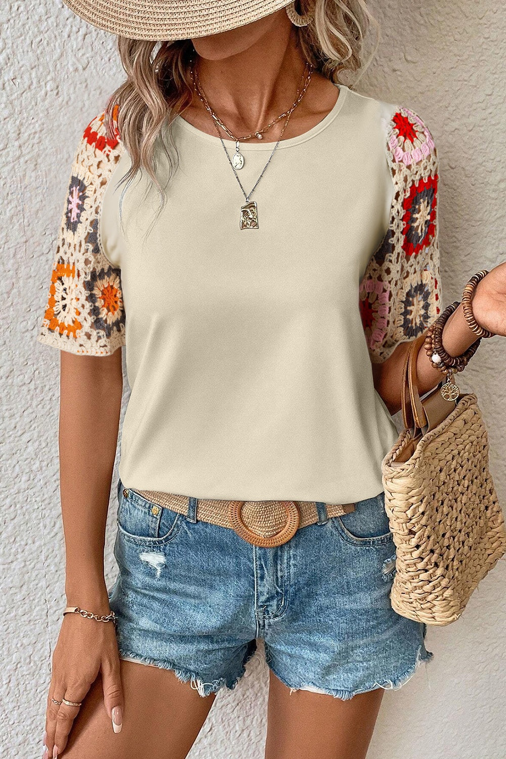 Geometric Round Neck Short Sleeve Blouse. Grap this classic geometric and crochet shirt! Just pick out the color you like best! This a wardrobe staple your closet has been waiting for.