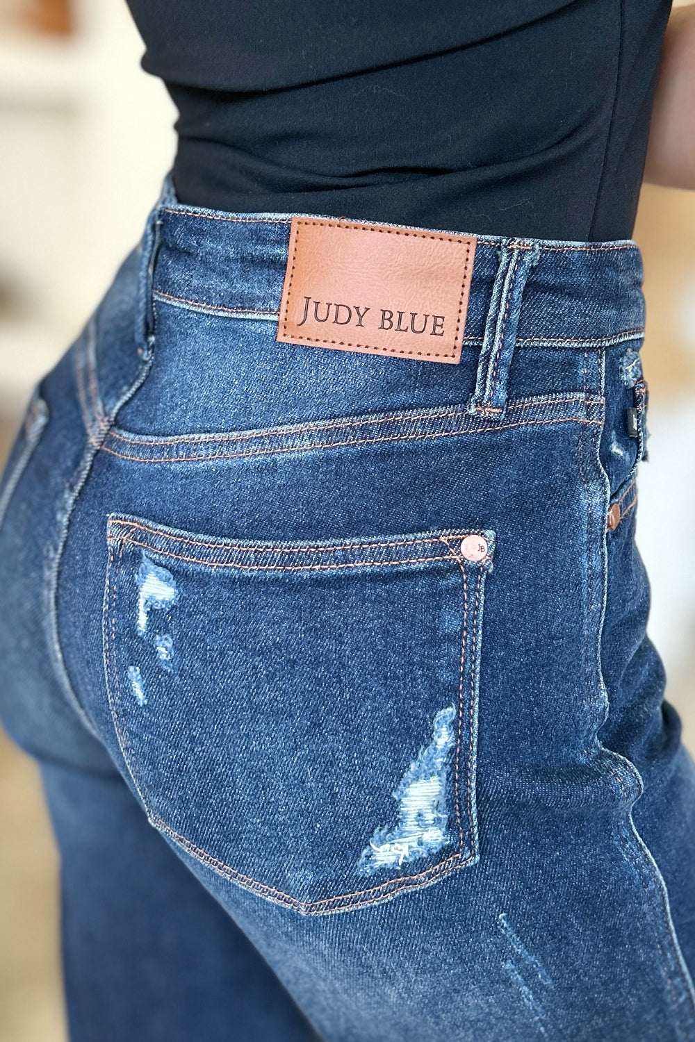 Judy Blue High Waist Straight Jeans / Rigid Magic Heavy Destroy with Plus Size. Dark Wash.