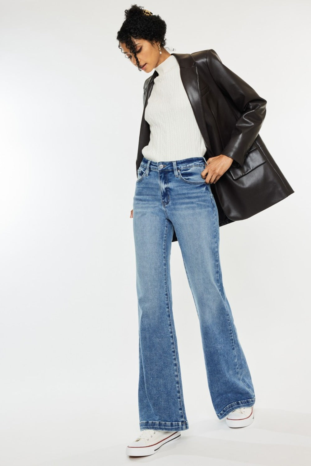 Kancan Wide Leg High Rise Jeans with TENCEL and Plus Sizes -BOHO TO GO. Your new essential jean: The Kancan Boho - To - Go! high-rise denim are perfect for pairing with all your favorite boho tops through EVERY season!; The flattering details offer a no brainer easy jean to throw on and get out the door with comfort, style, and confidence! (not to mention eco-friendly material to support sensitive skin). Light Wash