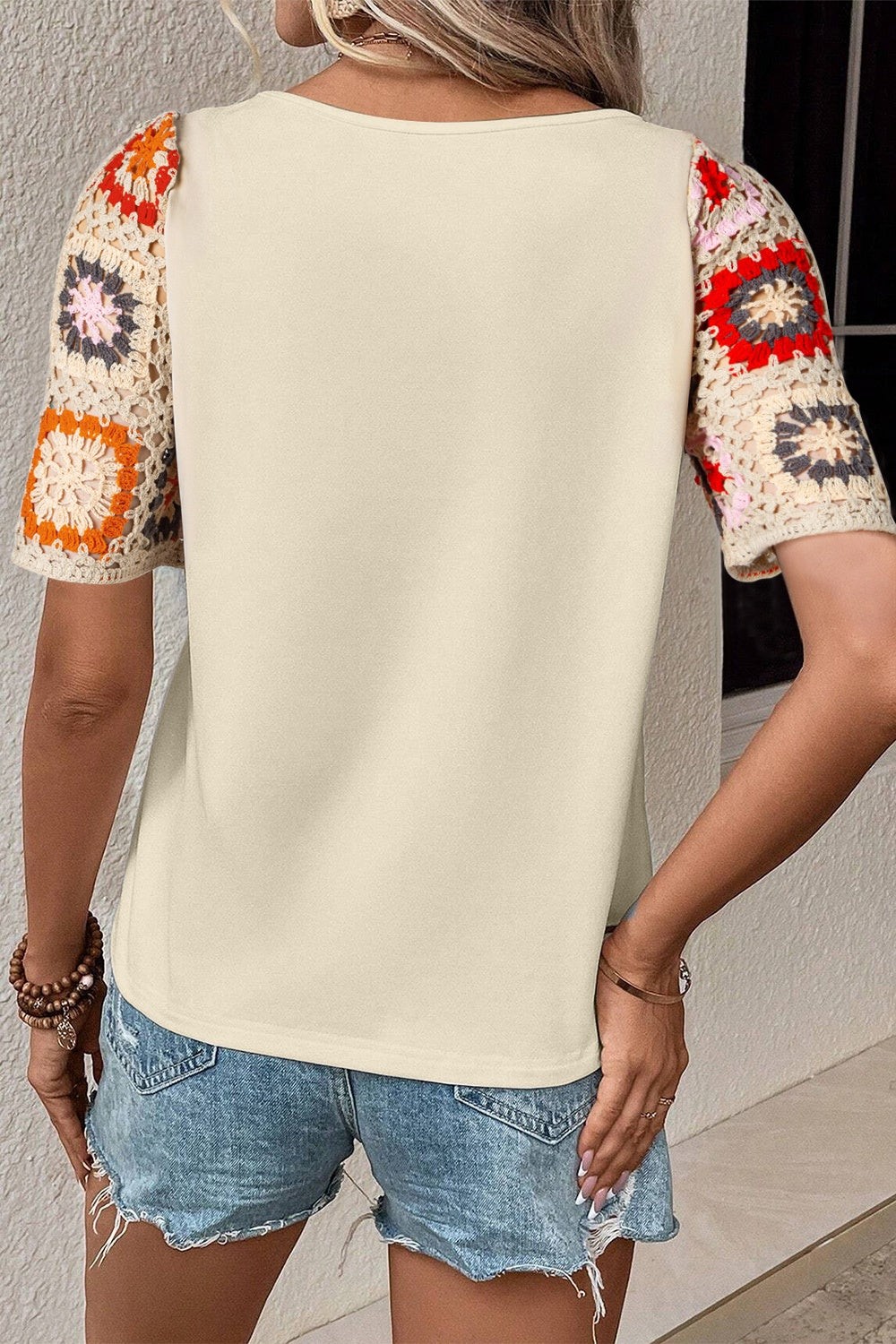 Geometric Round Neck Short Sleeve Blouse. Grap this classic geometric and crochet shirt! Just pick out the color you like best! This a wardrobe staple your closet has been waiting for.