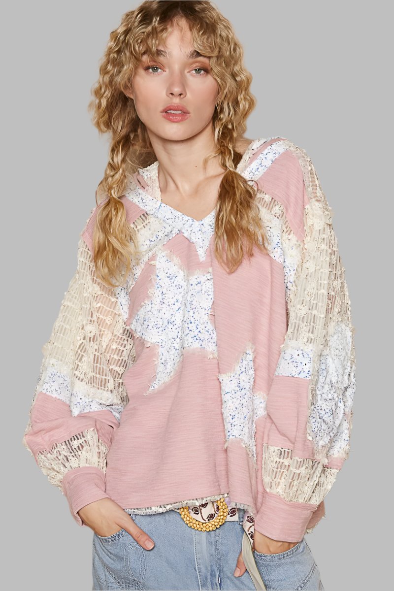 Whimsical Star Patch Hooded Shirt - A Feminine Twist on Rebel Style. Does it feel sexy to be edgy and feminine at the same time? You got it! The star print adds some whimsy, and the lace contrast gives a delicate and elegant touch to the design. We love the mixed textures, making this top perfect for both casual and dressed-up looks.