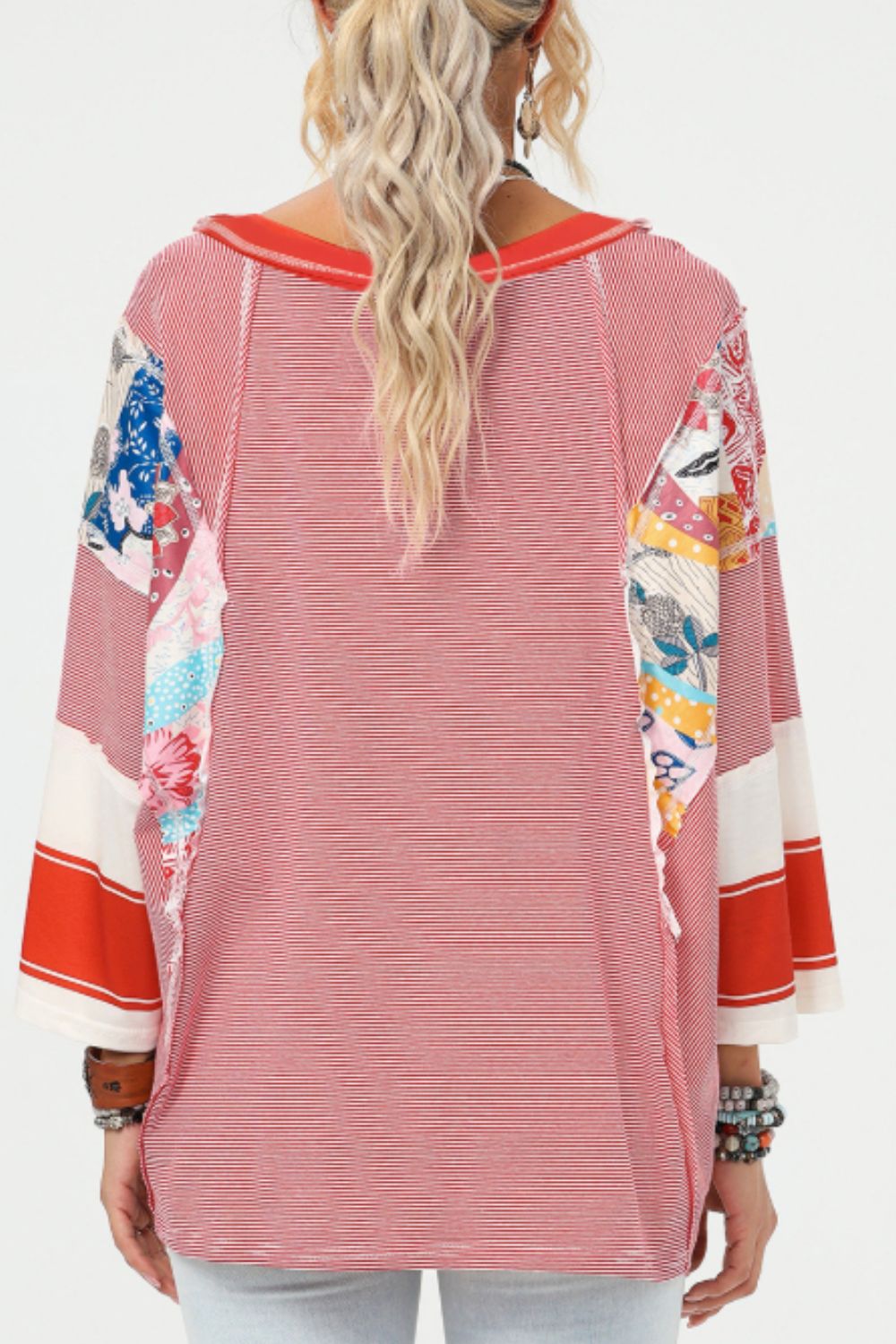Feel your individuality showcased as you wear PERFECT boho top! This oversized 3/4 sleeve has vintage-inspired floral patches and a blend of vibrant colors. This oversized top is made for those who crave comfort and creativity. The oversized stripes and vintage style blooms create a one-of-a-kind, artsy vibe that’s as laid-back and free-spirited as you are. Whether you’re lounging or adventuring, in this top you can feel confident, carefree, and ready to embrace whatever comes your way!