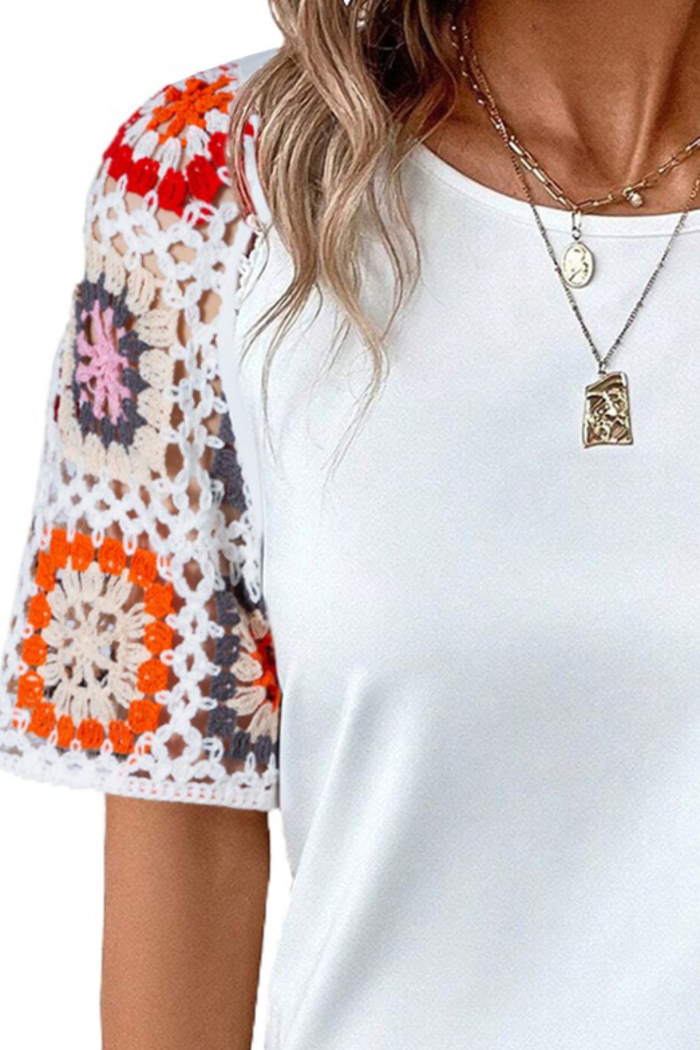 Geometric Round Neck Short Sleeve Blouse. Grap this classic geometric and crochet shirt! Just pick out the color you like best! This a wardrobe staple your closet has been waiting for.