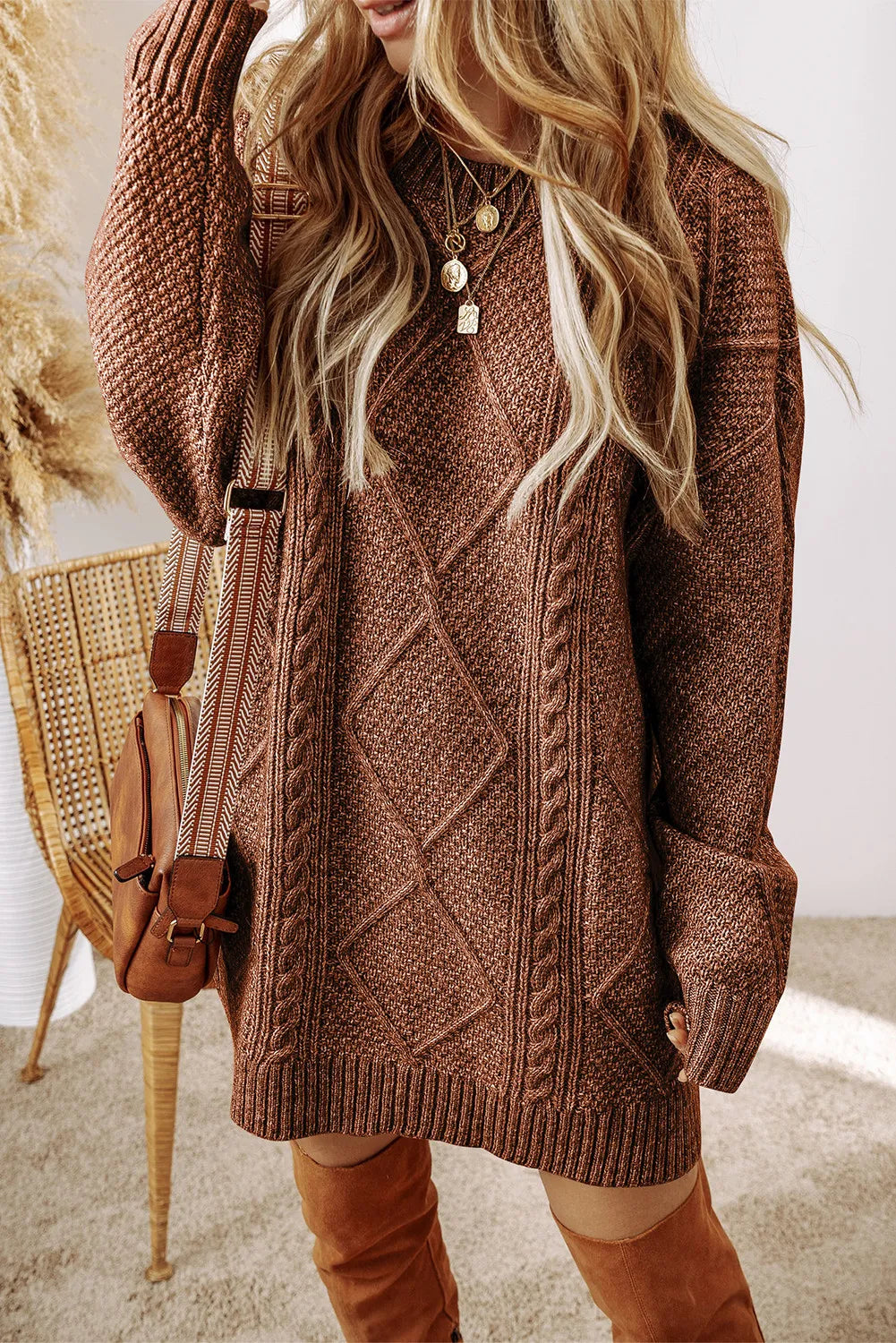 Sweater Dress- The Effortless Cable Knit – Slip On, Style Up, and Go! We all know it can be a busy season! ; This cable knit sweater dress comes in several color choices and is such a versatile choice to go from work to holiday events! It is an effortless choice to get dressed quick! We love how it is a blank canvas for you to accessorize and show off your individuality! It's a timeless, wardrobe staple!