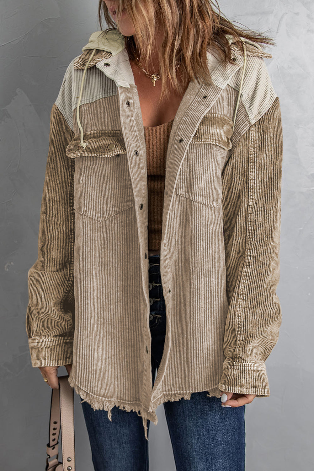 Hooded Corduroy Shacket - Color Block Options:
Add a relaxed vibe to your outfits with our Hooded, Drawstring Pocket Corduroy Shacket. Features a hood and dropped shoulders; you'll love the casual look of this corduroy shirt.
