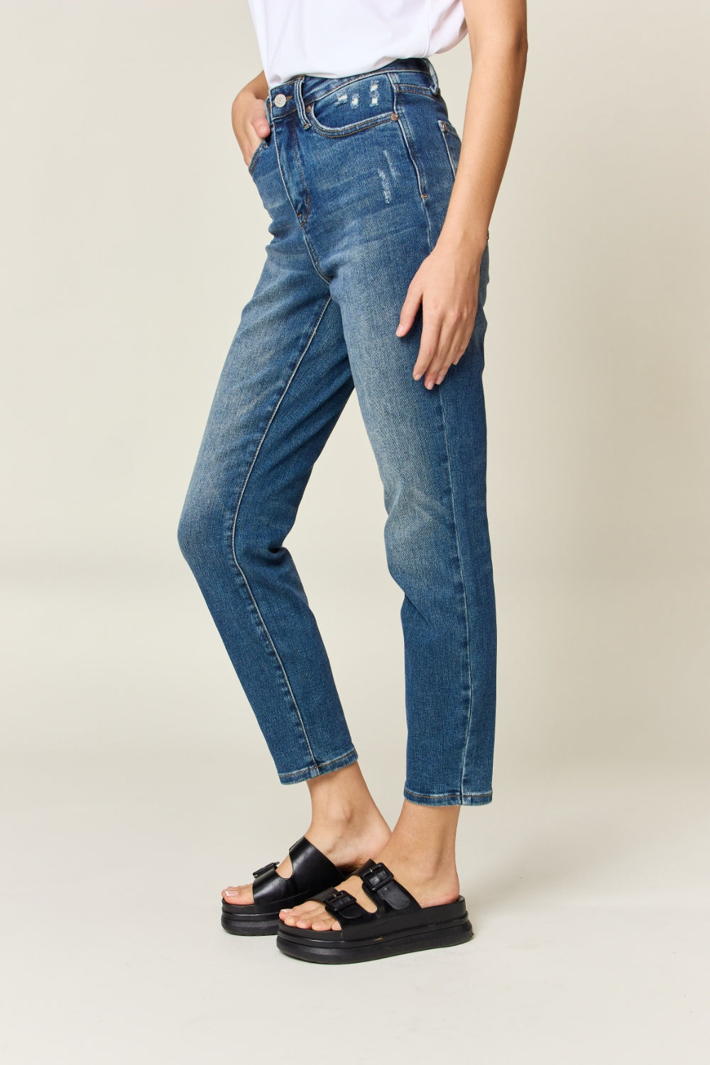Judy Blue Tummy Control High Waist Slim Jeans. Comfortable support. Medium wash