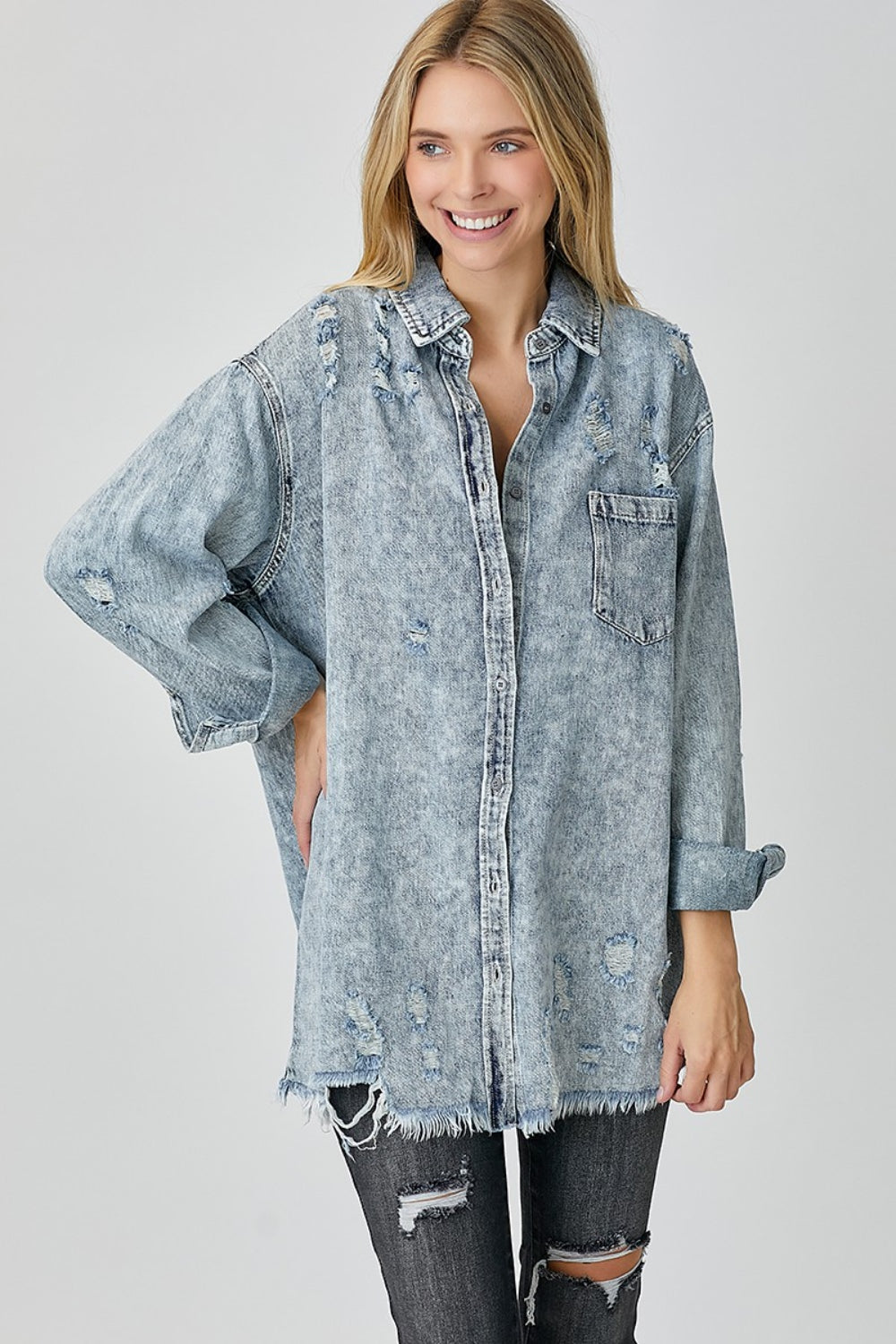 RISEN Distressed Raw Hem Denim Shirt - Vintage Inspired - Season Essential. One of Free Soul Thread's FAV's! Love this vintage distressed style and can picture it being a go to wardrobe essential with that boho laid back vibe! Don’t miss out – get yours before they're gone! Acid Wash