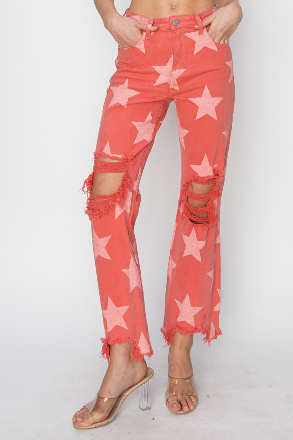 RISEN Distressed Raw Hem Star Pattern Jeans. Show off your unique personality! Color: Peach Blossom.