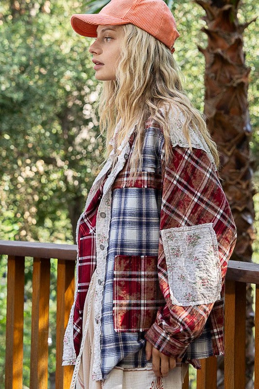 Love to show off your individuality? Did you ever imagine you could actually do that with a plaid button up? With this plaid long sleeve, you certainly can! The Patchwork Plaid Button Up Shirt combines a mix of plaid patterns with floral patches and trim creating a stylish and eye-catching look. This is a patchwork top with distinctive character. It's versatile and can be dressed up or down for different occasions, making it a must-have addition to any wardrobe.
