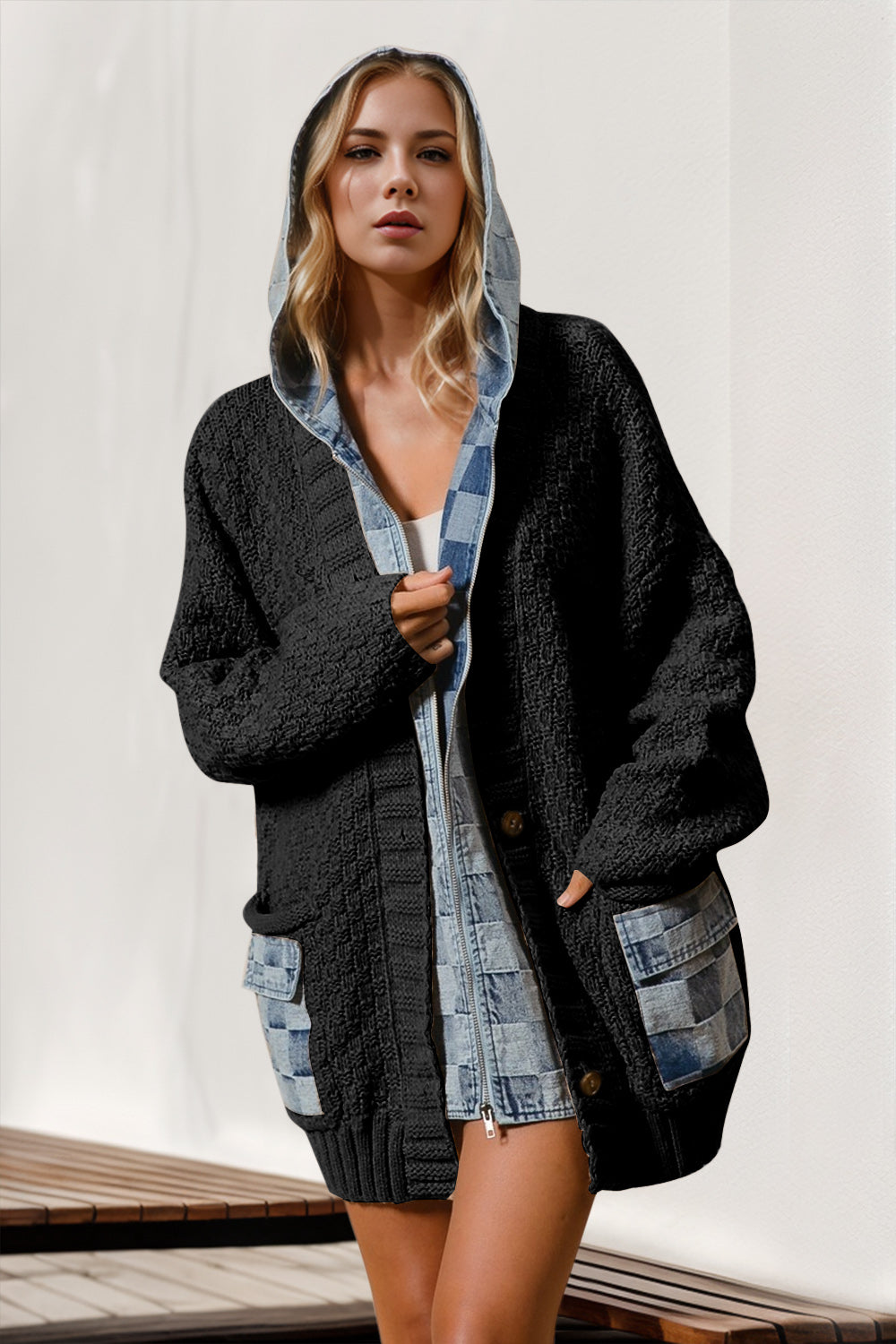 Hooded Patchwork Cardigan Sweater- Denim Spliced -with Plus Size. Can there actually be a cardigan that is a "stunner" and looks laid back at the same time? Here you go! The mix of textures and patchwork detailing is creative and dynamic giving off a free-spirted vibe.