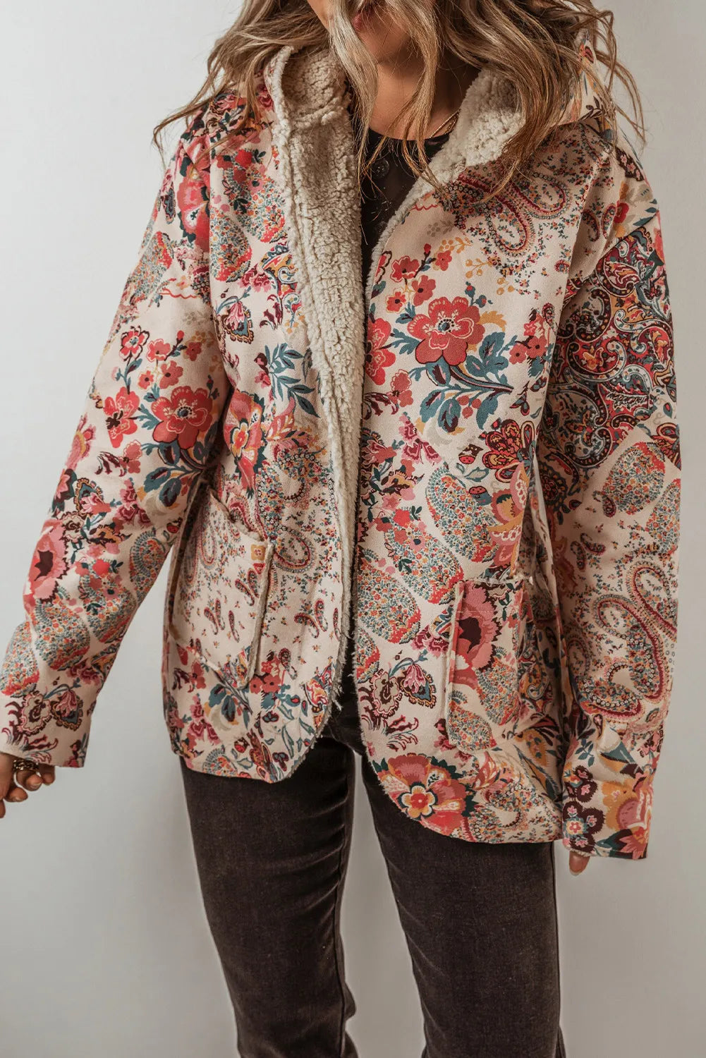 Women's Floral Jacket "Cozy in Bloom Double Take". This unique hooded jacket caught our eye! Yes, we looked twice. It is one of our products we call a "Double Take".... beautiful floral print jacket with vibrant colors that may cause some to do a "double take". Take a look at the lining. Not only will you be a standout, but you will also be cozy!