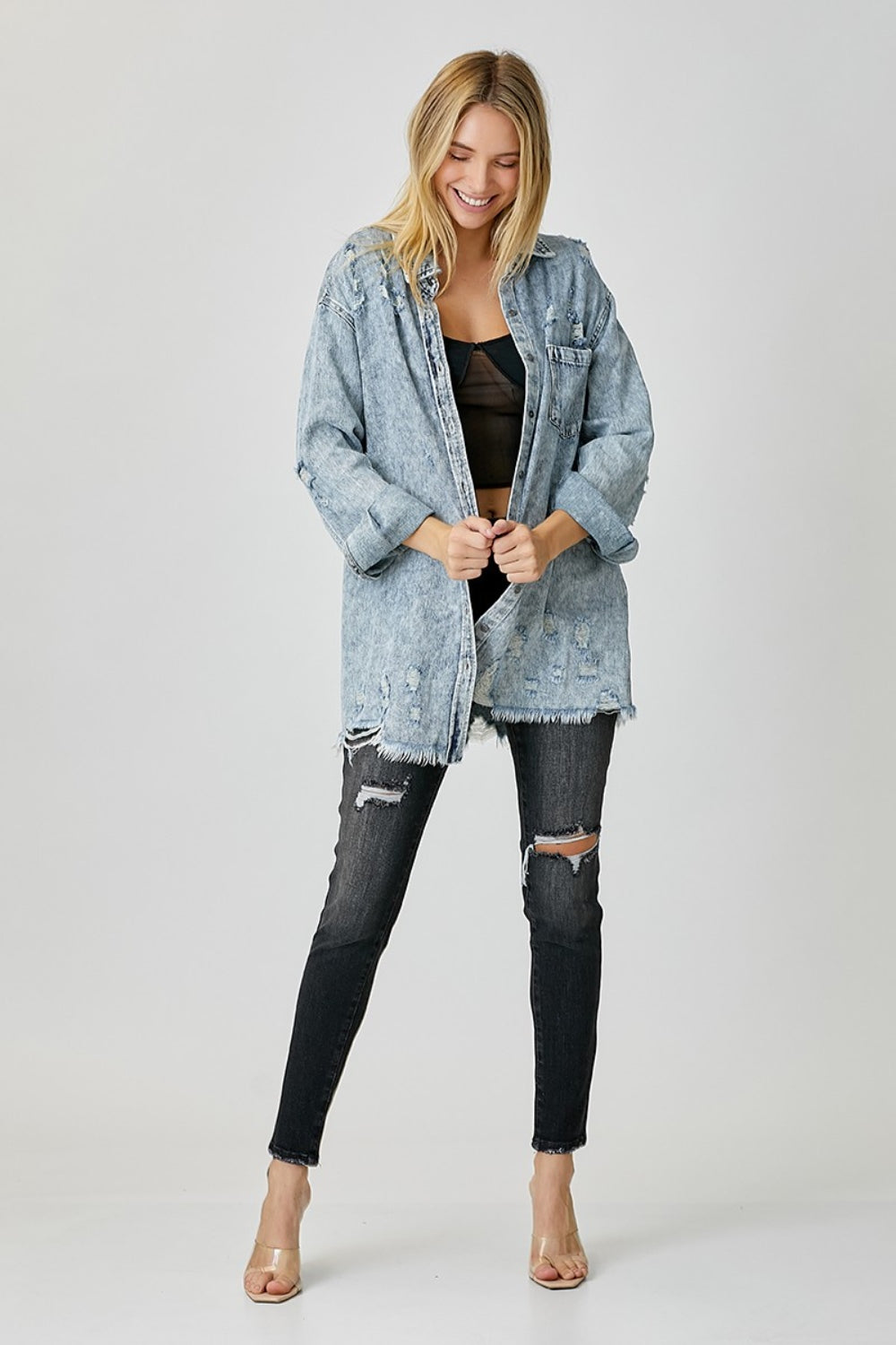 RISEN Distressed Raw Hem Denim Shirt - Vintage Inspired - Season Essential. One of Free Soul Thread's FAV's! Love this vintage distressed style and can picture it being a go to wardrobe essential with that boho laid back vibe! Don’t miss out – get yours before they're gone! Acid Wash
