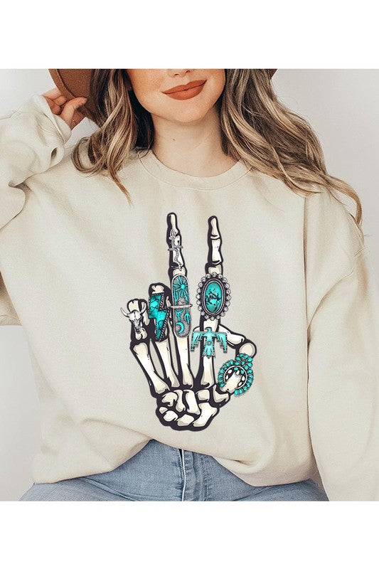 This is a fun year-round graphic sweatshirt with skeleton hand styled with western turquoise jewelry. Comes in multiple colors! Just pick your FAV!