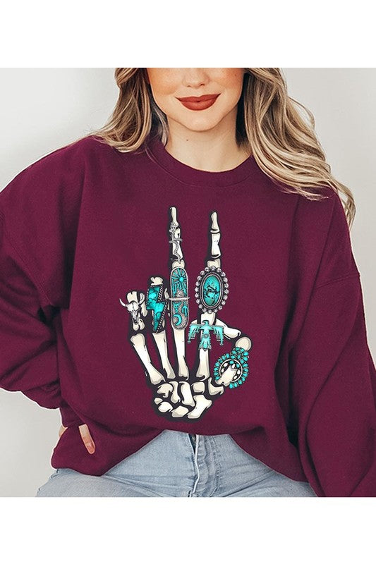 This is a fun year-round graphic sweatshirt with skeleton hand styled with western turquoise jewelry. Comes in multiple colors! Just pick your FAV!