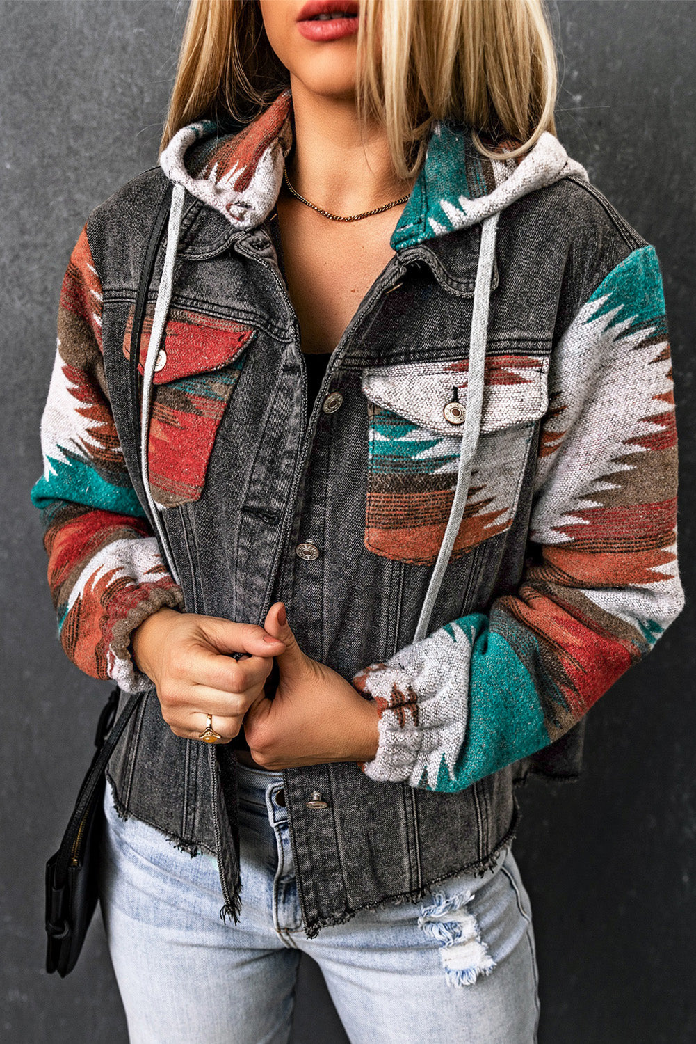 Hooded Denim Jacket -Aztec Adventure Hoodie - With Plus Size The hooded denim jacket adds an unmistakable western edge to any outfit. Its versatile design allows you to express your individuality and your flair. Unique Aztec Print: The eye-catching Aztec pattern adds a playful, bohemian twist to the classic denim silhouette, giving your outfit that perfect touch of vibrant style.
