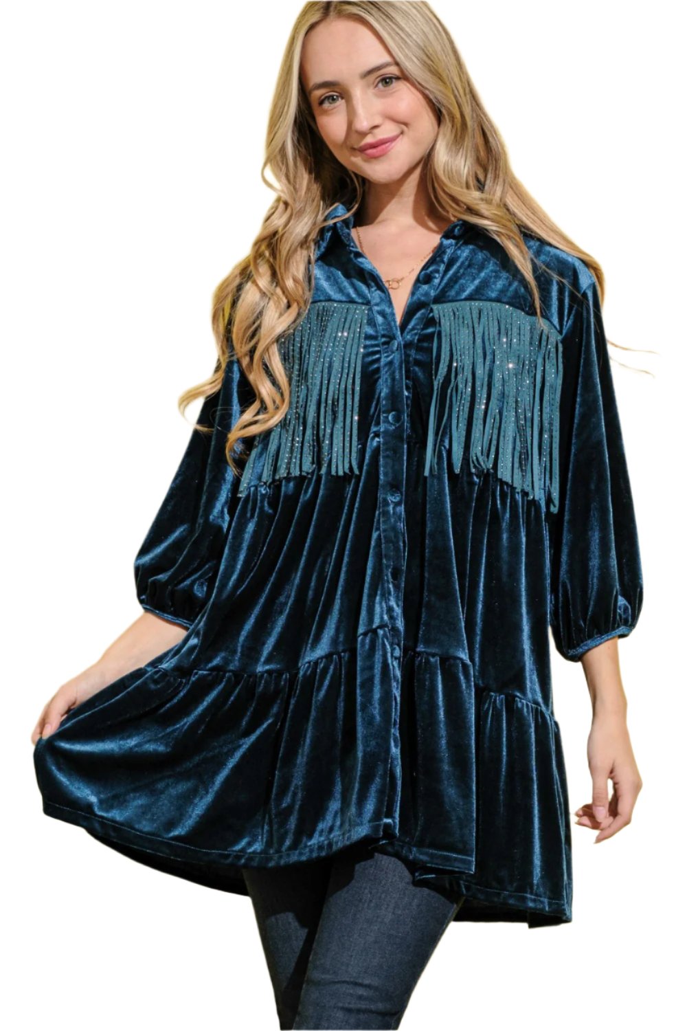 Velvet Shirt Dress with Fringe - Desert Dusk Fringe. Has it been a challenge to find velvet with some fringe to dress up your Western wardrobe? Our Desert Dusk Fringe Dress would fit right in for seasonal dinners, and winter holiday gatherings. Or for some fun at the bar or line-dancing. Don't forget the comfortable boots to dance all night!