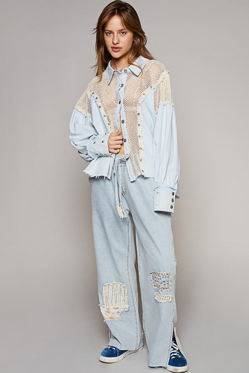 Crochet Contrast Button Down - Star Studed Shirt- 100% Cotton