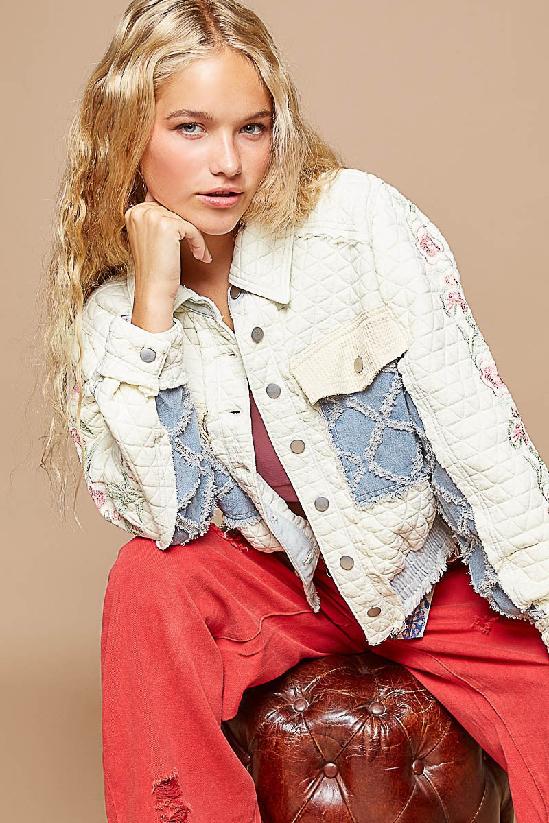 Are you on the hunt for a statement jacket that boasts unique, eye-catching features, or perhaps something that perfectly captures your individual style and sets you apart from the crowd? This raw edge and quilted jacket is a free-spirited outerwear option. With intricate embroidery on the sleeves, this jacket adds unique touch to any outfit. Check out the whimsical pockets!