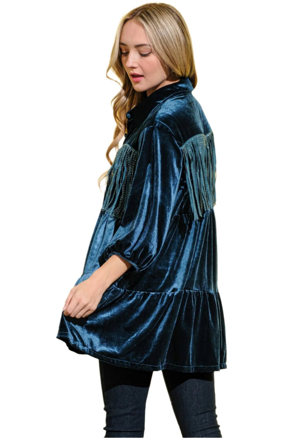 Velvet Shirt Dress with Fringe - Desert Dusk Fringe. Has it been a challenge to find velvet with some fringe to dress up your Western wardrobe? Our Desert Dusk Fringe Dress would fit right in for seasonal dinners, and winter holiday gatherings. Or for some fun at the bar or line-dancing. Don't forget the comfortable boots to dance all night!