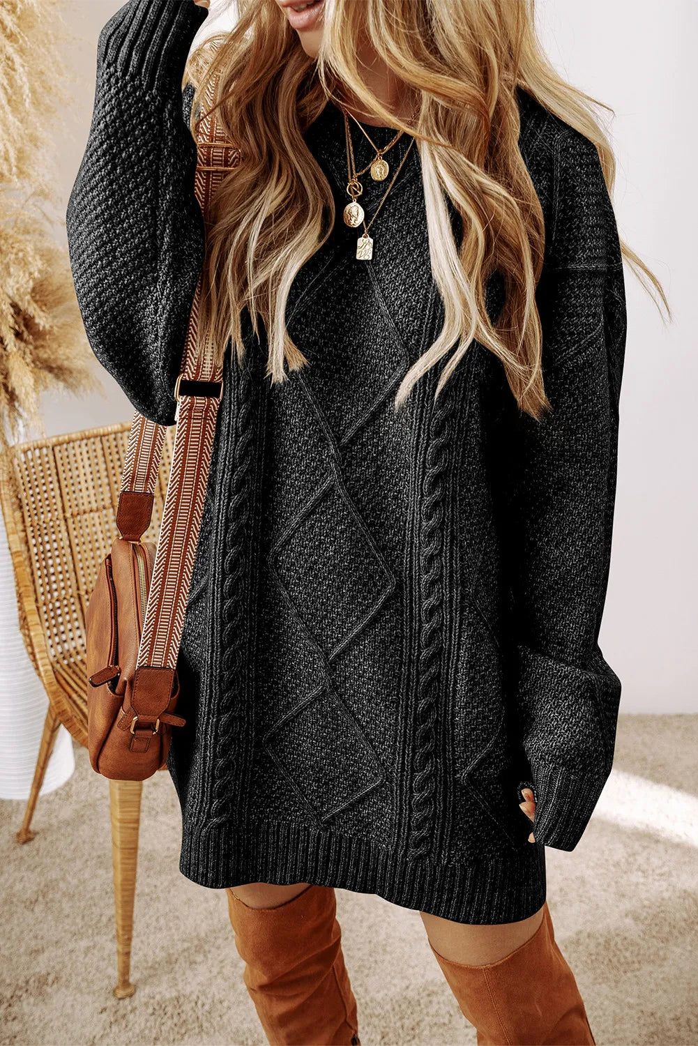Sweater Dress- The Effortless Cable Knit – Slip On, Style Up, and Go! We all know it can be a busy season! ; This cable knit sweater dress comes in several color choices and is such a versatile choice to go from work to holiday events! It is an effortless choice to get dressed quick! We love how it is a blank canvas for you to accessorize and show off your individuality! It's a timeless, wardrobe staple!