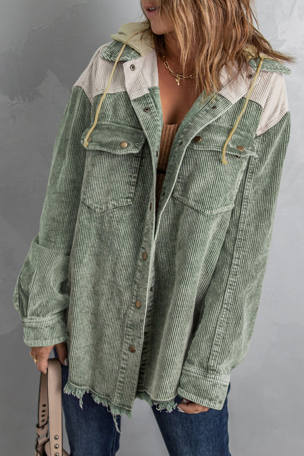 Hooded Corduroy Shacket - Color Block Options:
Add a relaxed vibe to your outfits with our Hooded, Drawstring Pocket Corduroy Shacket. Features a hood and dropped shoulders; you'll love the casual look of this corduroy shirt.