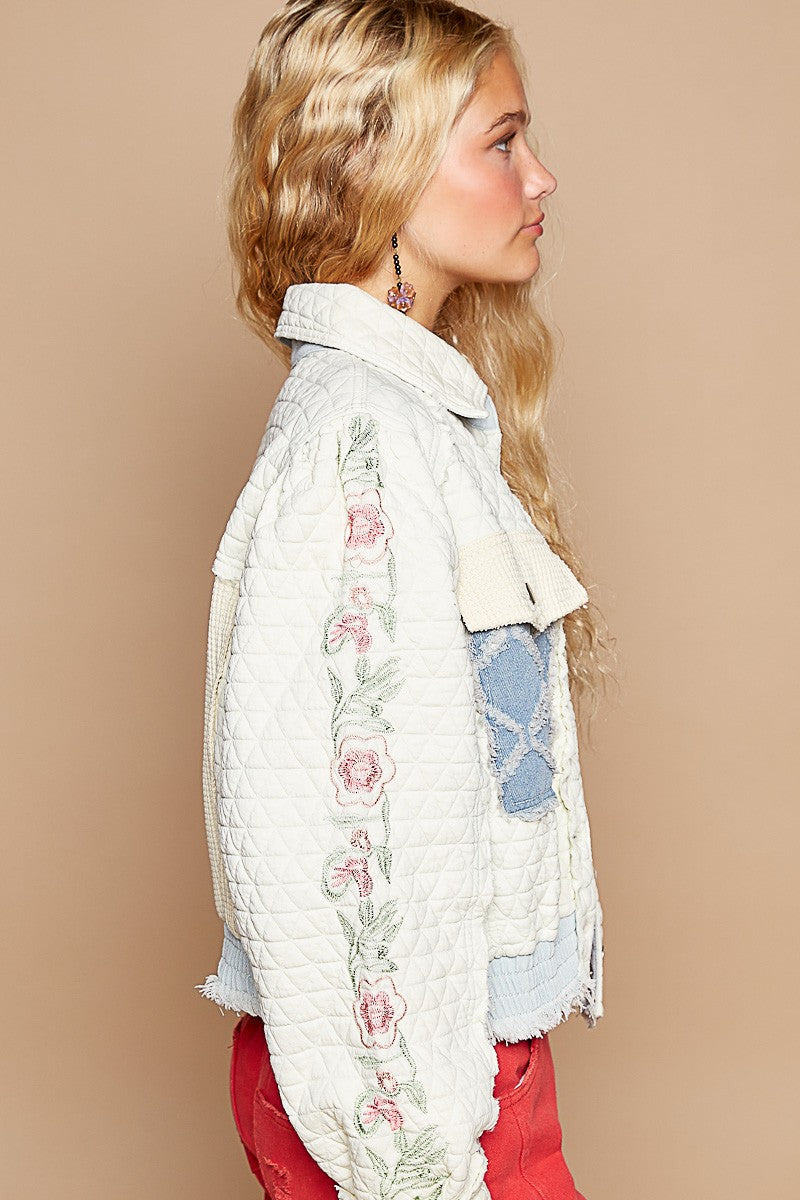Are you on the hunt for a statement jacket that boasts unique, eye-catching features, or perhaps something that perfectly captures your individual style and sets you apart from the crowd? This raw edge and quilted jacket is a free-spirited outerwear option. With intricate embroidery on the sleeves, this jacket adds unique touch to any outfit. Check out the whimsical pockets!