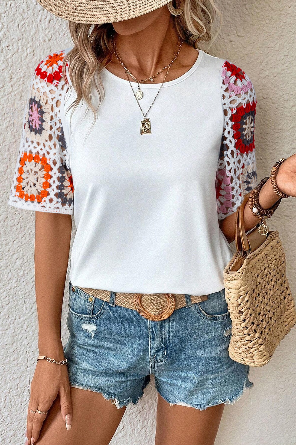 Geometric Round Neck Short Sleeve Blouse. Grap this classic geometric and crochet shirt! Just pick out the color you like best! This a wardrobe staple your closet has been waiting for.