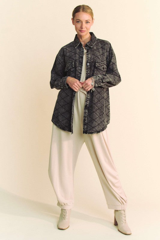 Quilted Button Up Denim Shacket - Black Diamond -Not Your Average Shacket . Check out the subtle details in this shacket that combines individuality with a relaxed look. Not to mention this is fantastic for layering! 100% Cotton