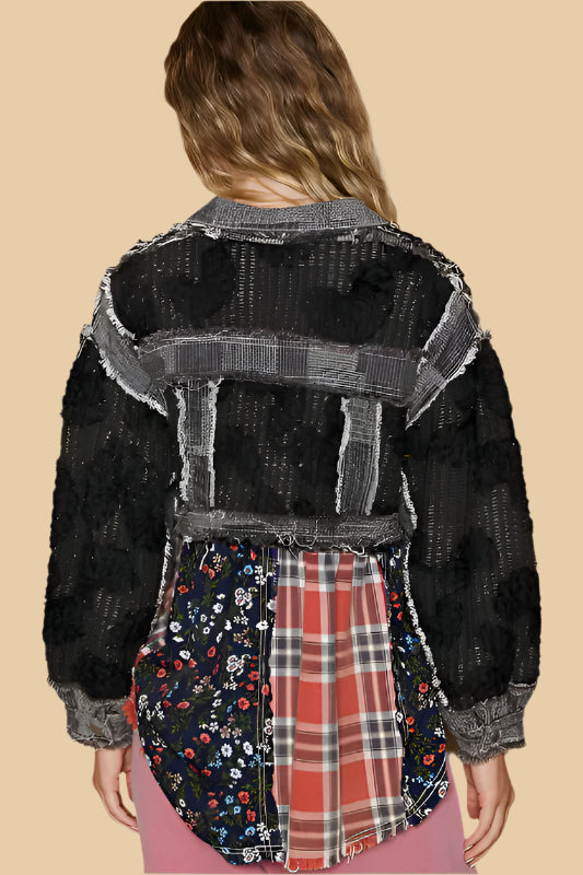 Want an artsy shacket? A bit oversized? This patchwork jacket is a true statement piece, crafted with intricate crochet detailing that brings a bohemian, handmade feel to your wardrobe. The mix of bold prints adds a touch of whimsy and individuality, making it a unique addition to any outfit. Whether you’re pairing it with jeans and a t-shirt for a relaxed, casual look or layering it over a dress for a more eclectic vibe, this jacket showcases your artistic, creative side. Wear it with confidence and