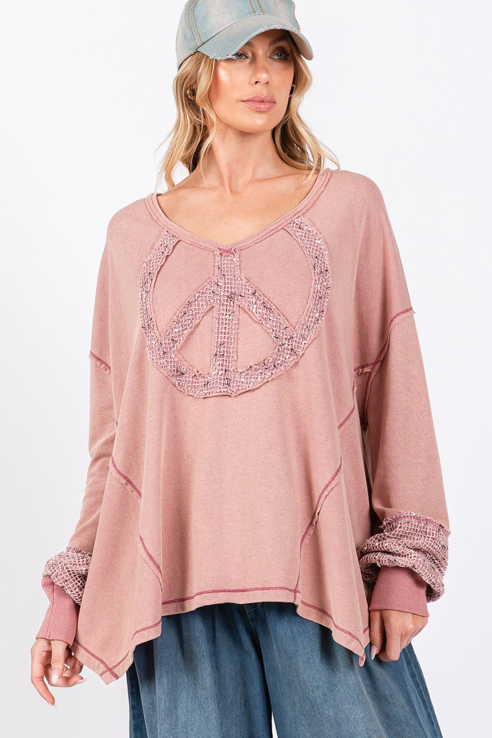 versized Vintage Inspired Shirt Women's - Calm & Cool Crochet Peace Sign Top. A vintage-inspired peace sign graphic to align with the mineral wash and give it a worn-in, nostalgic vibe. 100% cotton provides a comfortable and breathable, top with perfect for a relaxed fit.