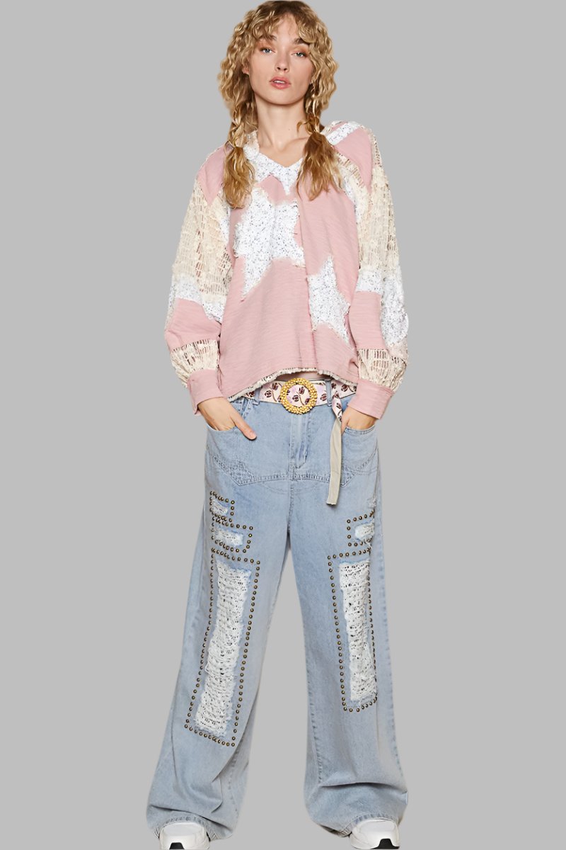 Whimsical Star Patch Hooded Shirt - A Feminine Twist on Rebel Style. Does it feel sexy to be edgy and feminine at the same time? You got it! The star print adds some whimsy, and the lace contrast gives a delicate and elegant touch to the design. We love the mixed textures, making this top perfect for both casual and dressed-up looks.