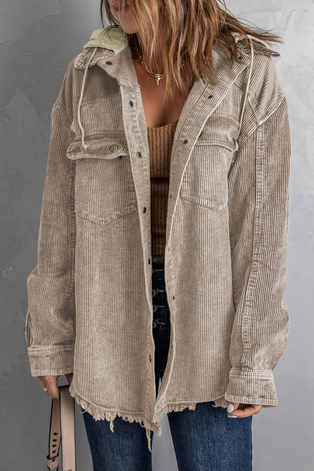 Hooded Corduroy Shacket - Color Block Options:
Add a relaxed vibe to your outfits with our Hooded, Drawstring Pocket Corduroy Shacket. Features a hood and dropped shoulders; you'll love the casual look of this corduroy shirt.